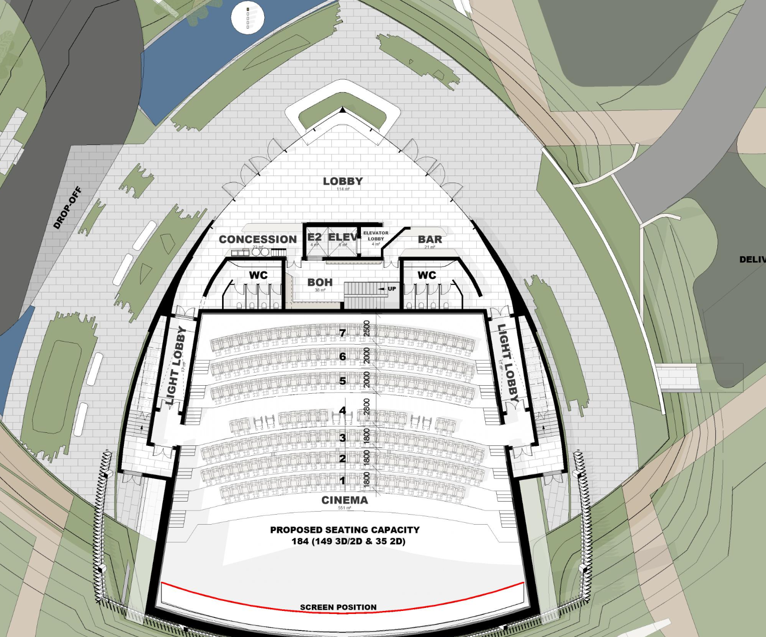 Mini-Mandir cinema floor plan with seating layout